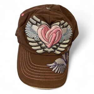 Y2K 2000s Jolly Roger Back Women’s Hat Dove Angel Wings Heart Cap Rhinestones